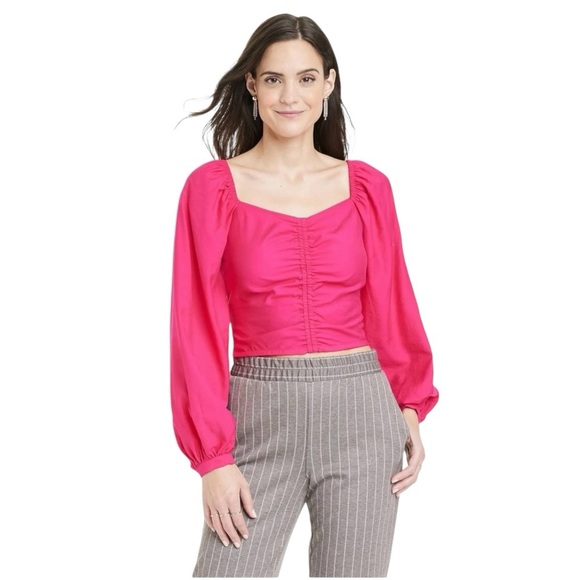 A New Day Womens Long Balloon Sleeve Ruched Front Crop Top, Pink - Picture 1 of 6